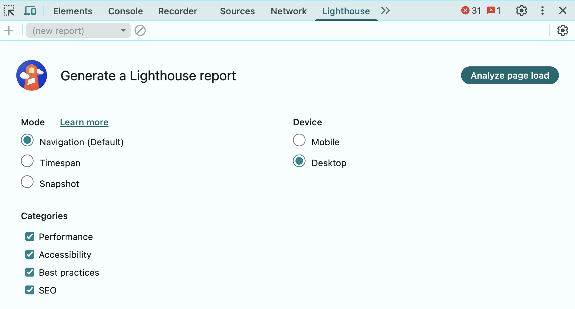Screenshot of lighthouse tab