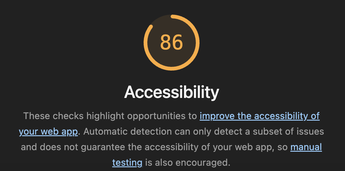 Screenshot image of the profile page lighthouse score